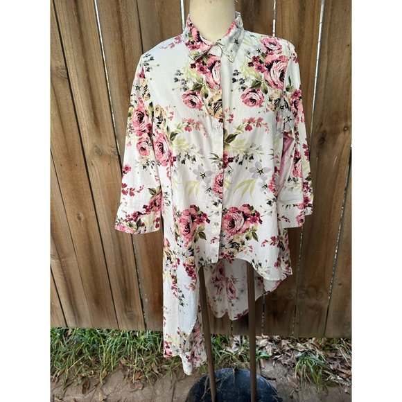 VAMP Romantic Floral ASYMMETRICAL HI LO Button Down Shirt TUNIC XL - Picture 1 of 8